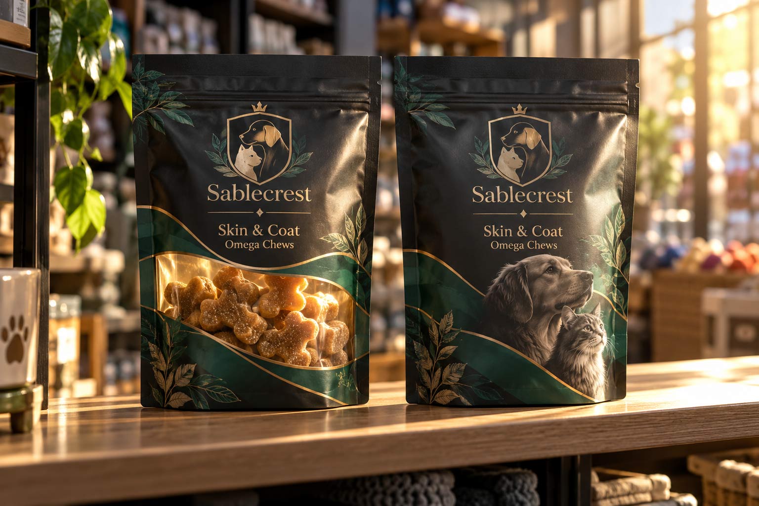 Two pet supplement pouches on a sunny store shelf, one with a large clear window and one fully opaque, with light falling across both