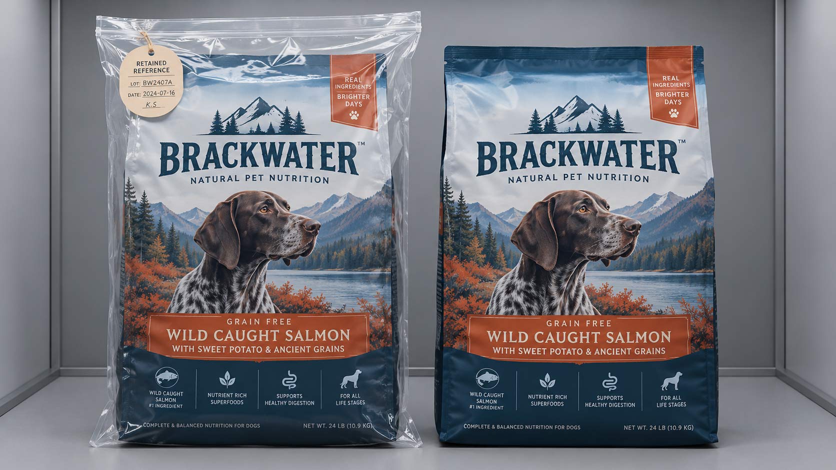 A sealed retained reference bag and a new production bag side by side in a controlled viewing booth under even neutral lighting