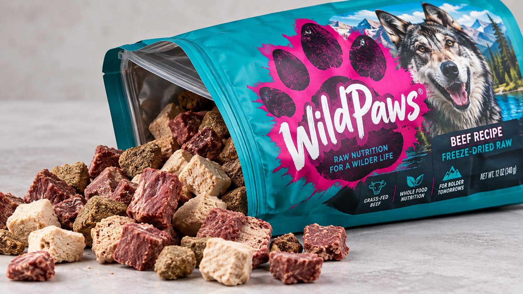 Resealable pouch of freeze-dried raw nuggets opened