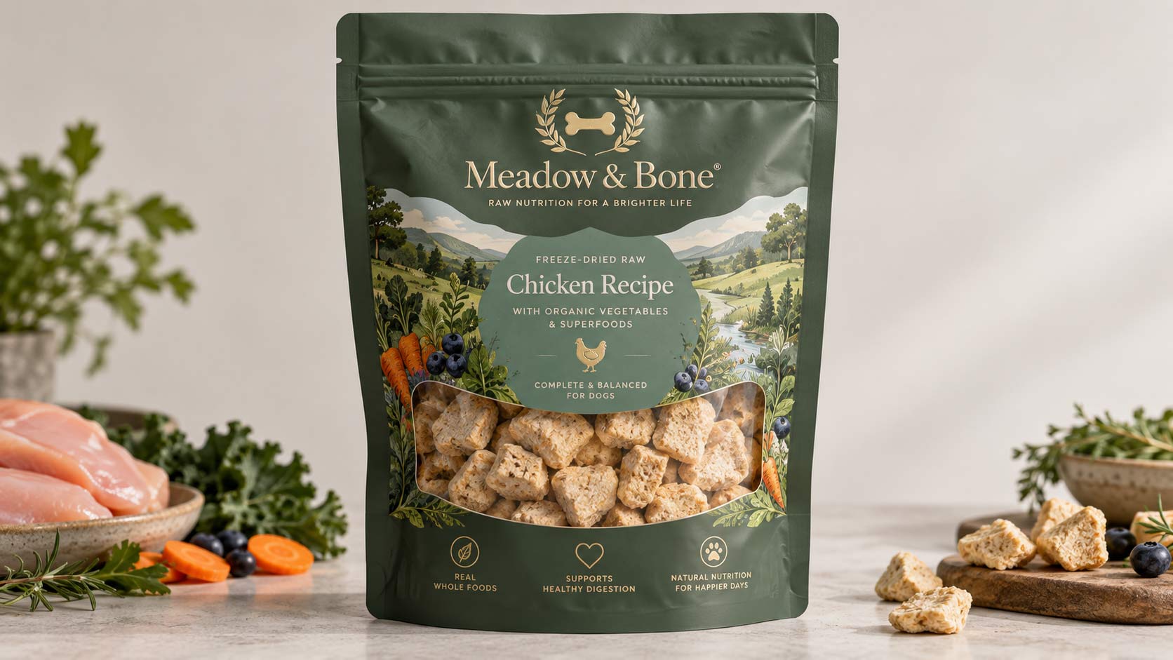 A freeze-dried raw pet food pouch with a clear front window showing the light, crunchy nuggets