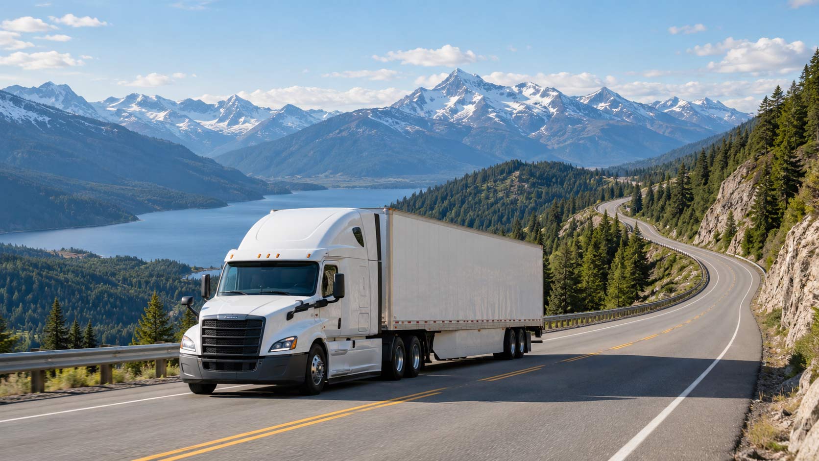A freight truck on a mountain highway, carrying a load of palletized pet food