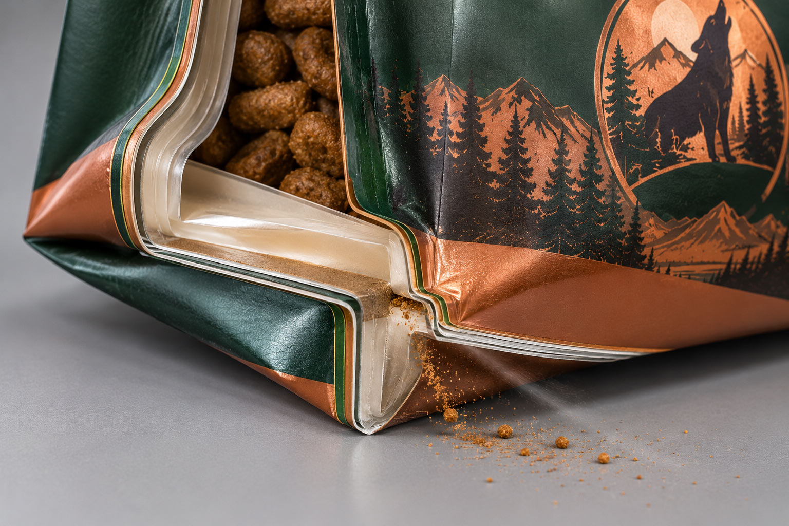 Cutaway illustration of a pet food bag gusset corner showing four layers of film meeting two layers inside the side seal