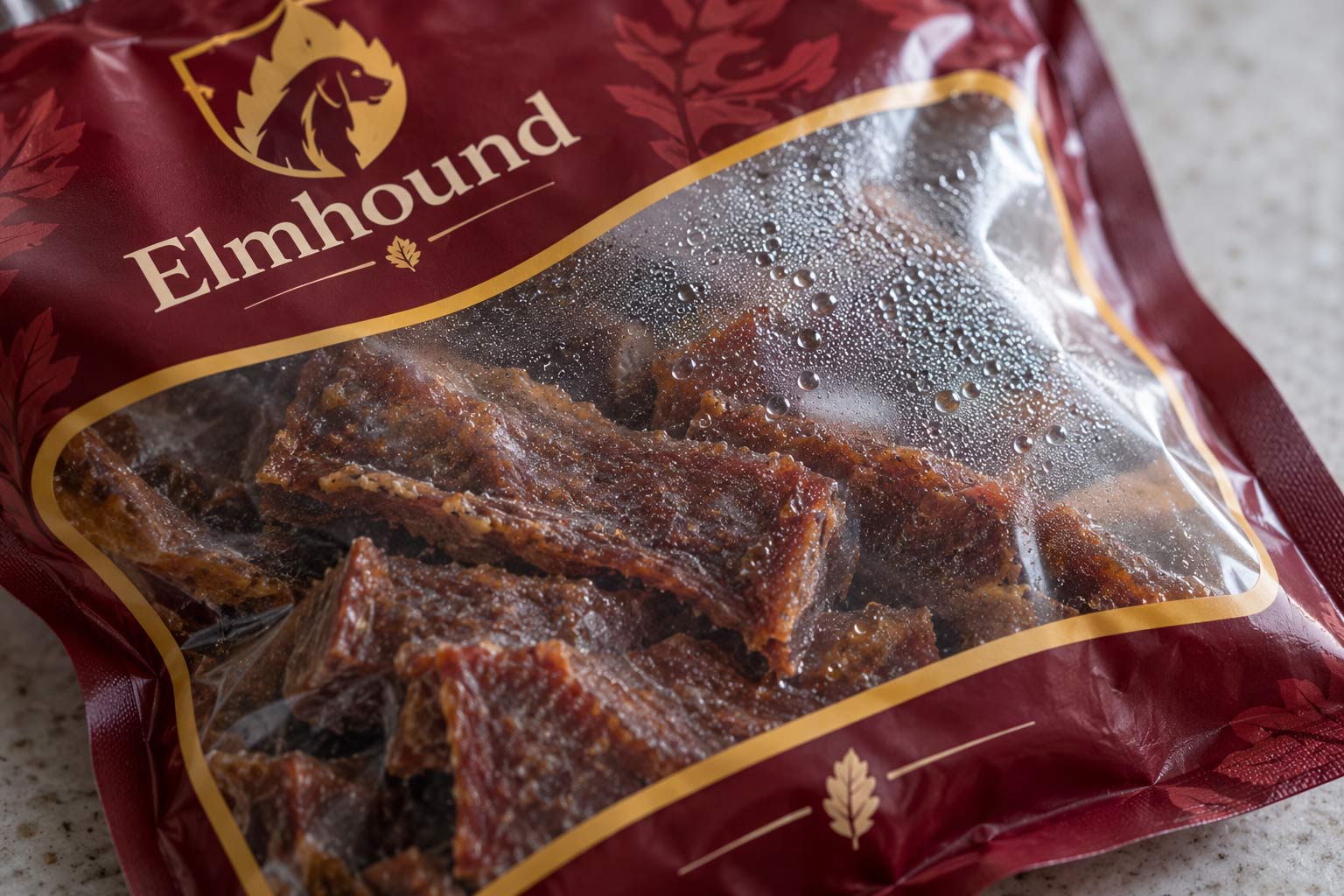 A close view of soft jerky treats inside a sealed bag, with a faint haze of moisture on the inside of the film