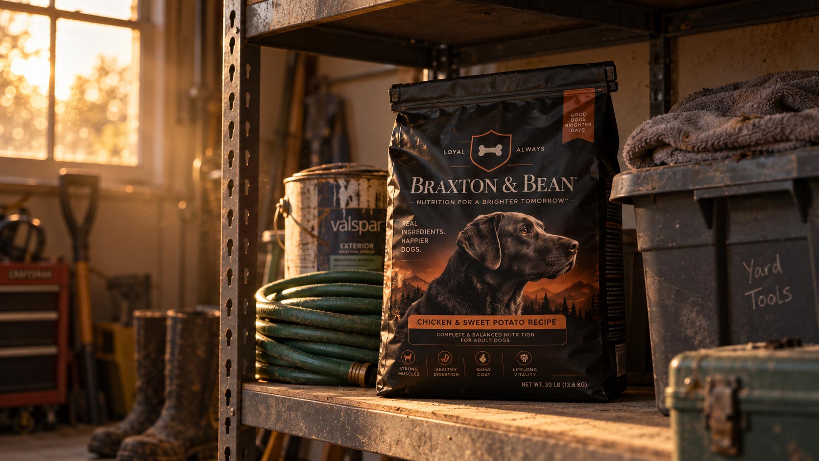 A large kibble bag stored on a garage shelf next to tools and boxes in a typical home storage setting