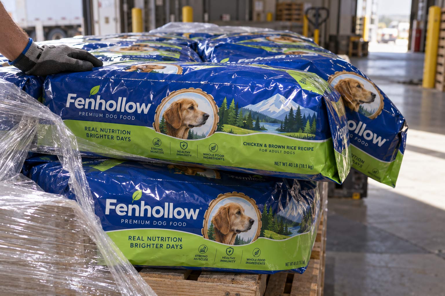 A pallet of large kibble bags with the top two tiers shifted sideways and several bags overhanging the edge