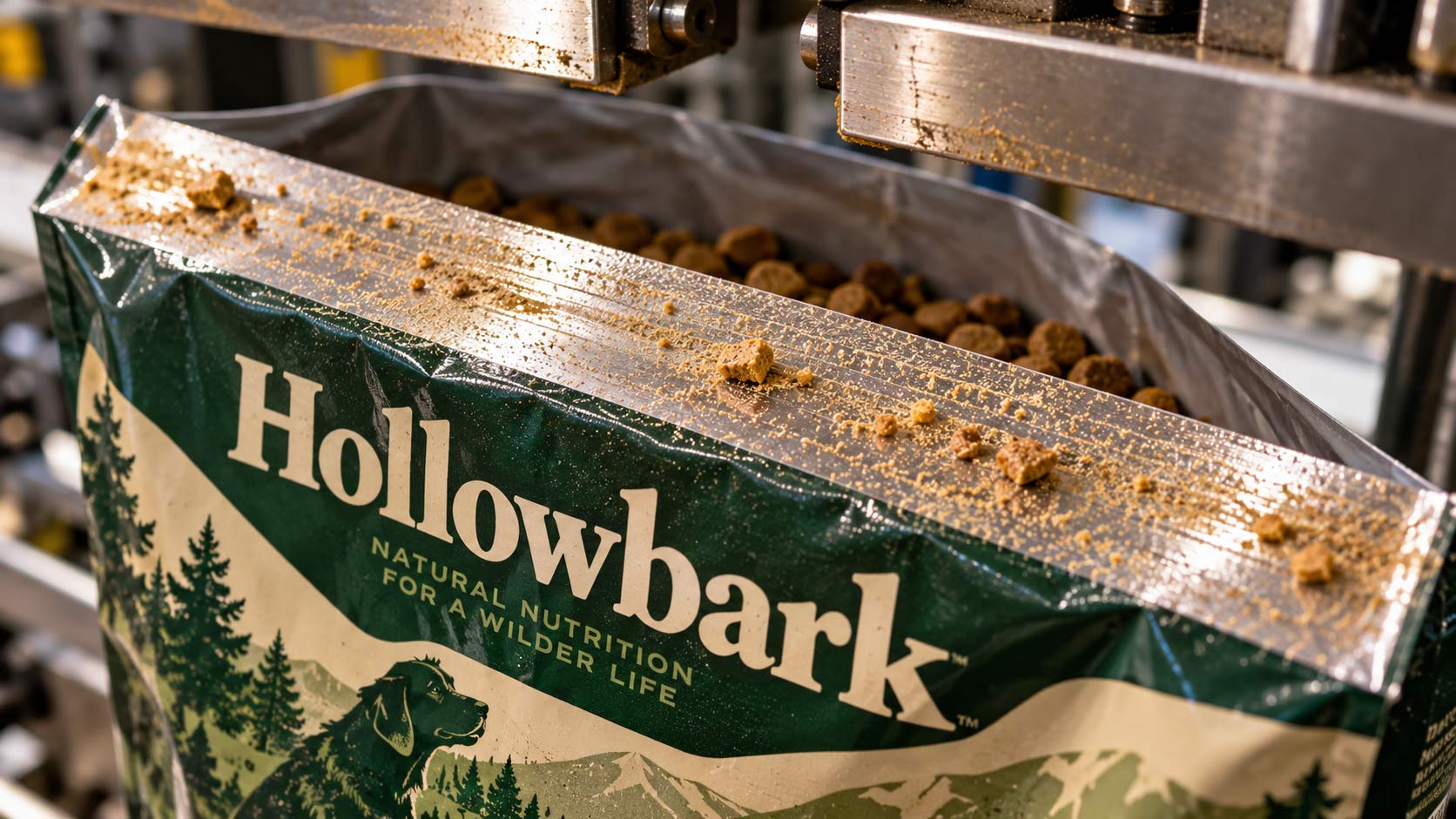 A close view of the open top of a kibble bag on a fill line, with a visible dusting of fine kibble particles and oily residue across the flat seal area before the jaws close