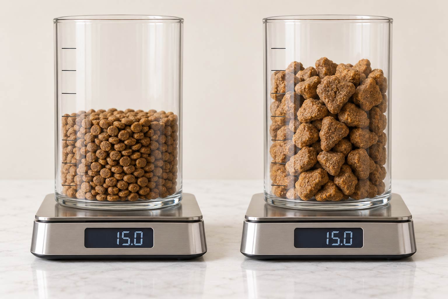 Two clear containers holding the same weight of kibble, one with small round pieces packed tight and one with large pieces taking up noticeably more space