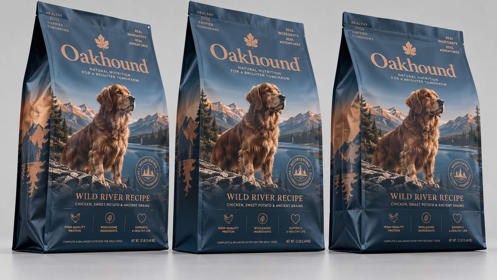 Three pet food bag bottom constructions shown side by side, a simple gusset, a flat bottom, and a quad seal