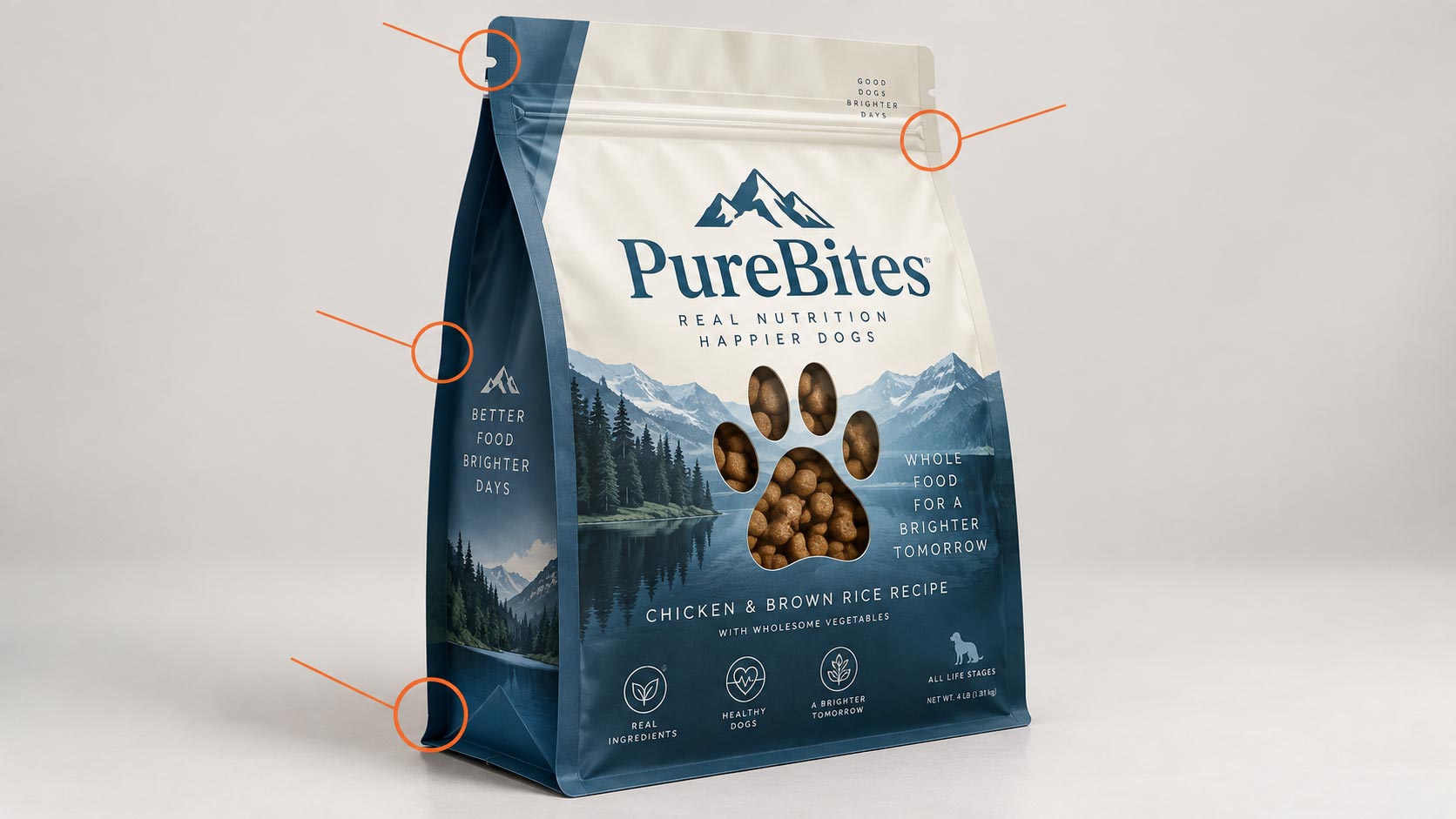 A pet food bag photographed to show its common weak points, with the bottom gusset fold, tear notch, seal edge, and zipper track called out