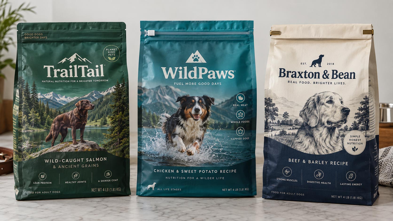 Several pet food bags lined up to compare closure types, including a press-to-close zipper, a slider zipper, and a tin tie, each on a different fictional brand