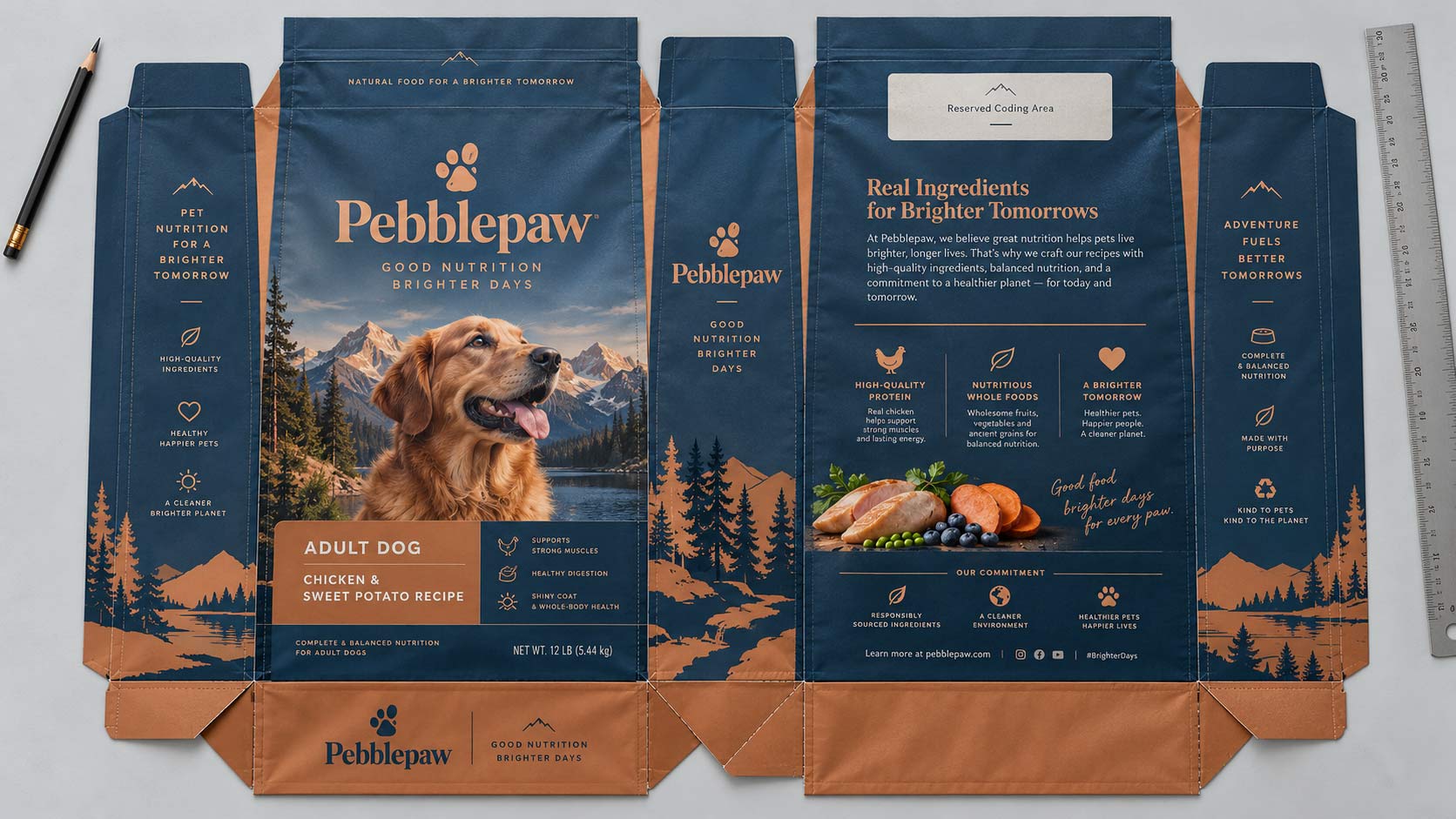 A pet food bag dieline layout with a clean matte coding panel marked out away from folds and seals