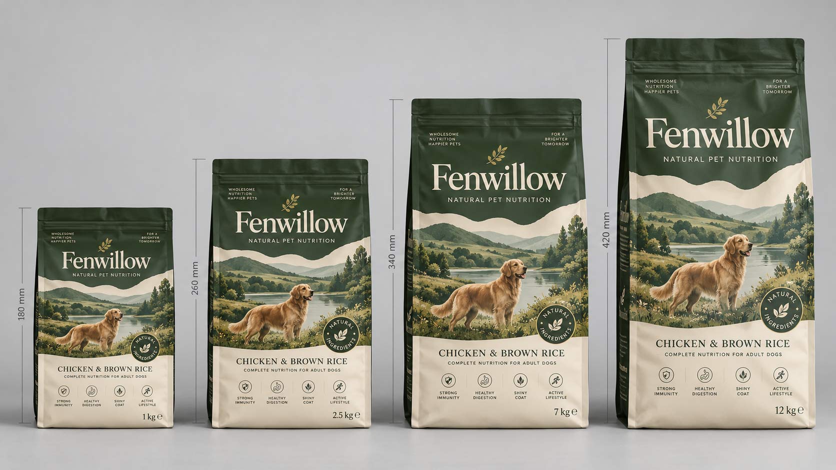 Several pet food bags of different heights standing in a row, showing the stepped sizes a repeat allows