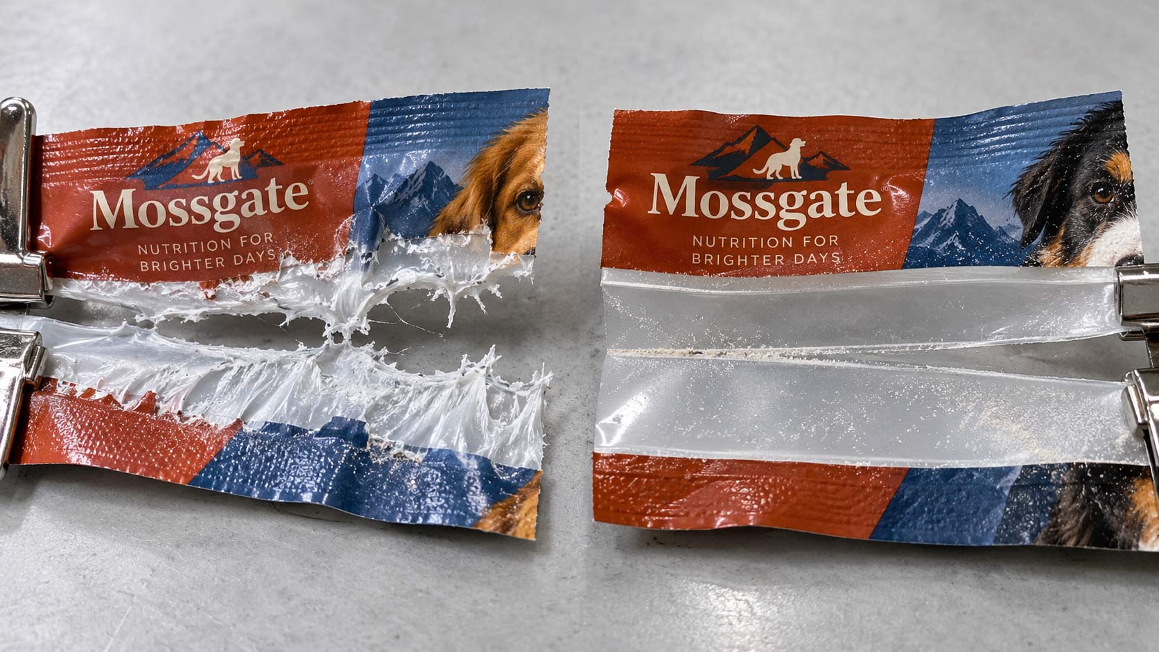 Two strips cut from pet food bag seals held open, one showing torn stretched film where the weld held and one separating cleanly with smooth undamaged faces