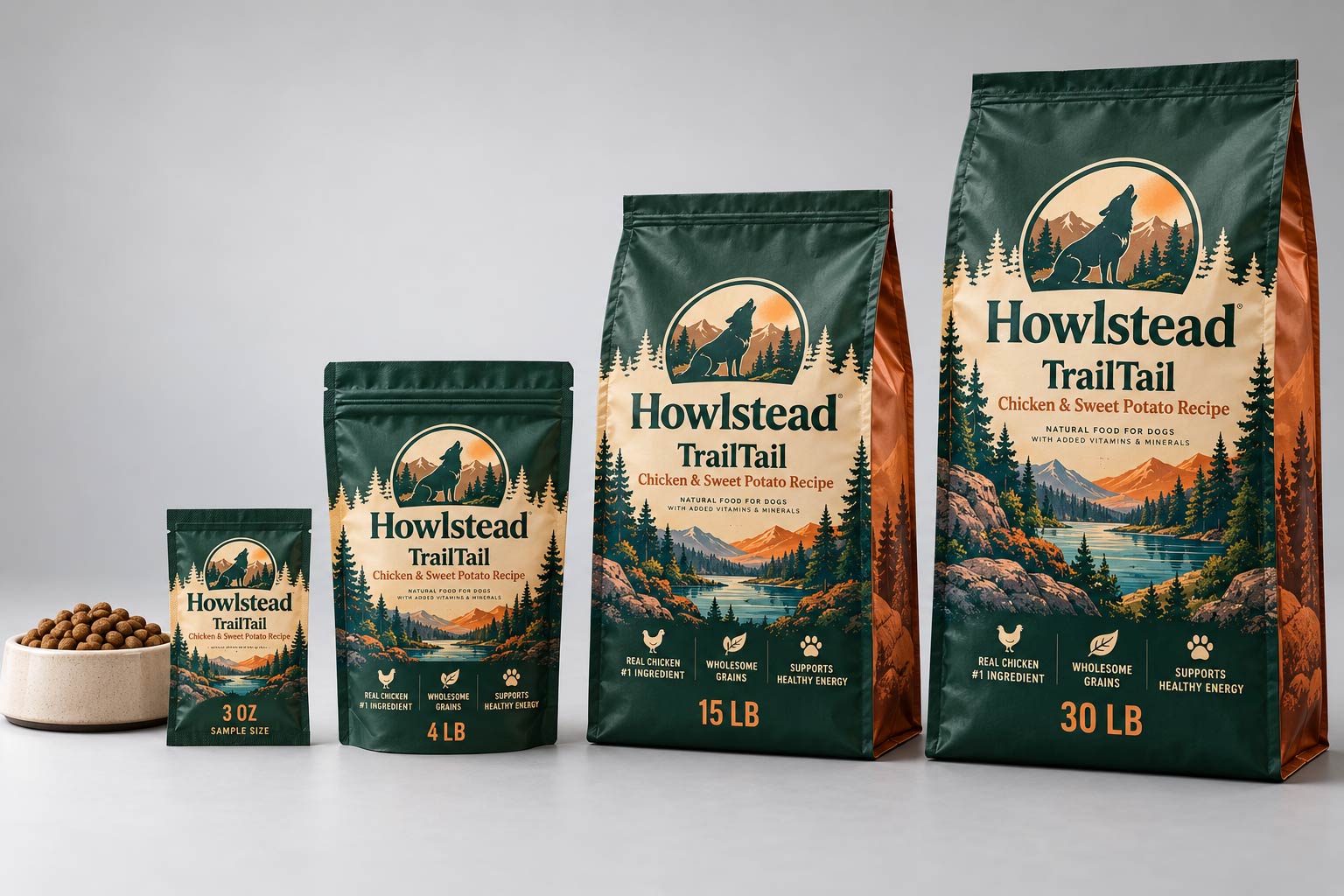 Kibble bag sizes from sample pouch through to large format dry food bags