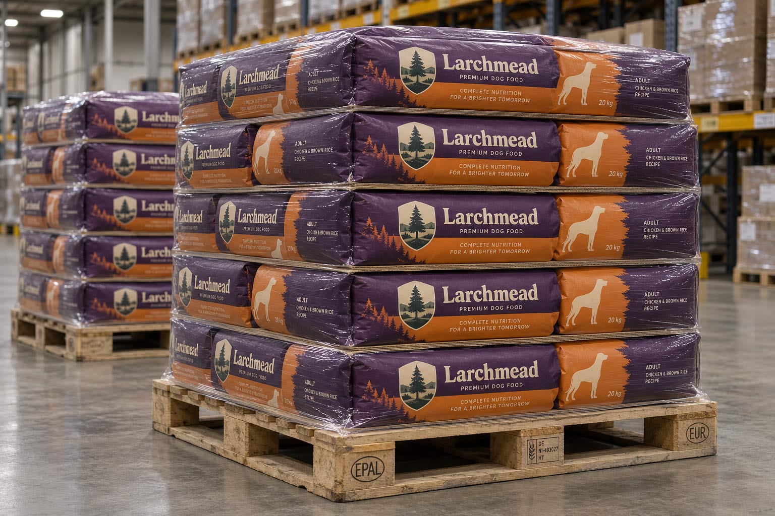 Pet food bags stacked in an interlocking pallet pattern in a clean warehouse, with tier sheets between layers