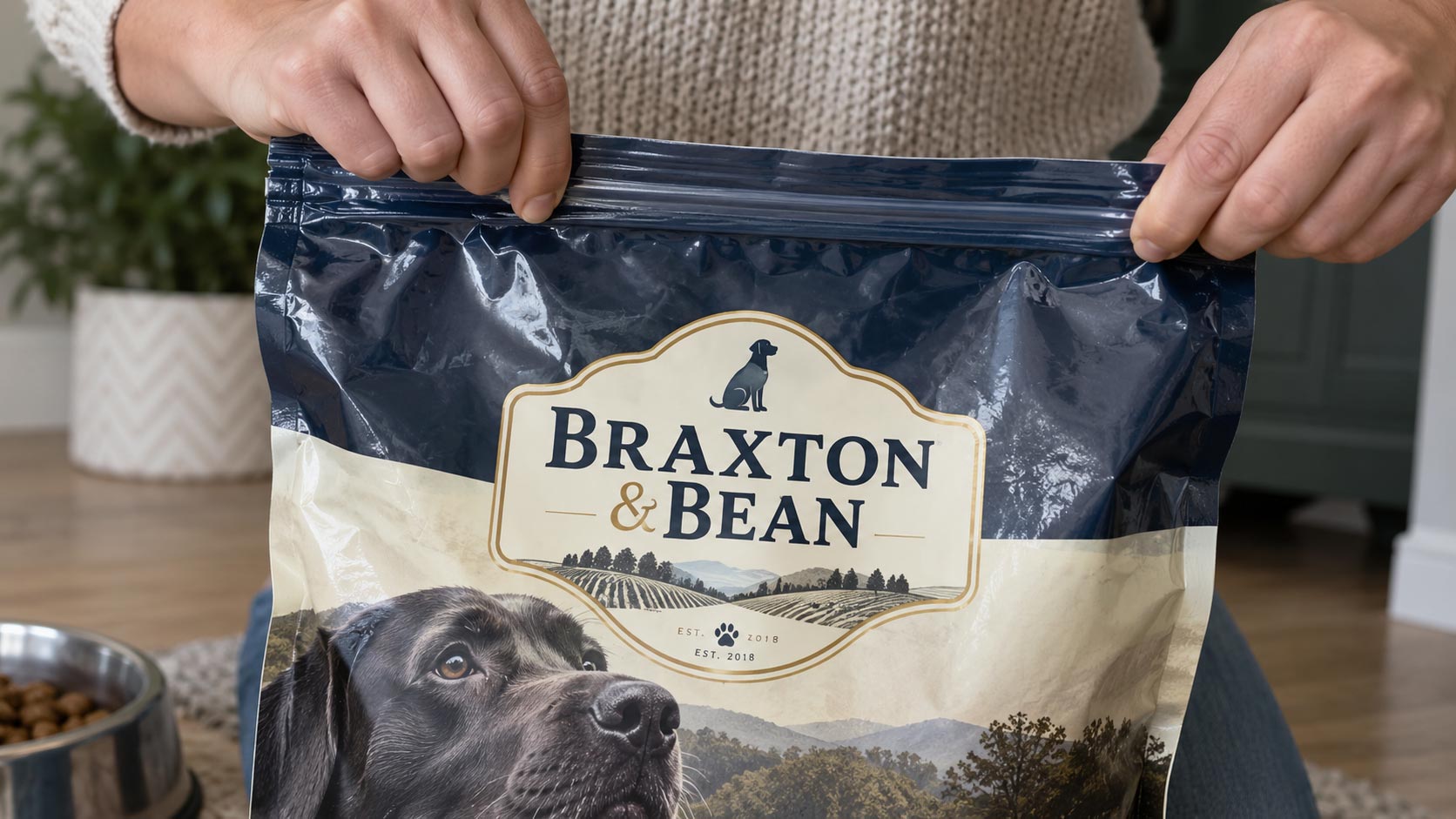 A pet owner pressing a resealable zipper closed on a large kibble bag, close up on the hands and the sealed strip