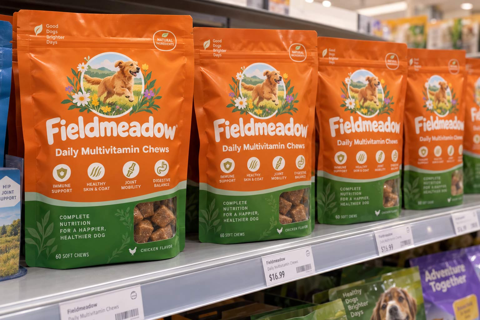Pet supplement chews in a fully opaque barrier pouch on a store shelf, with a small window kept to the bottom corner