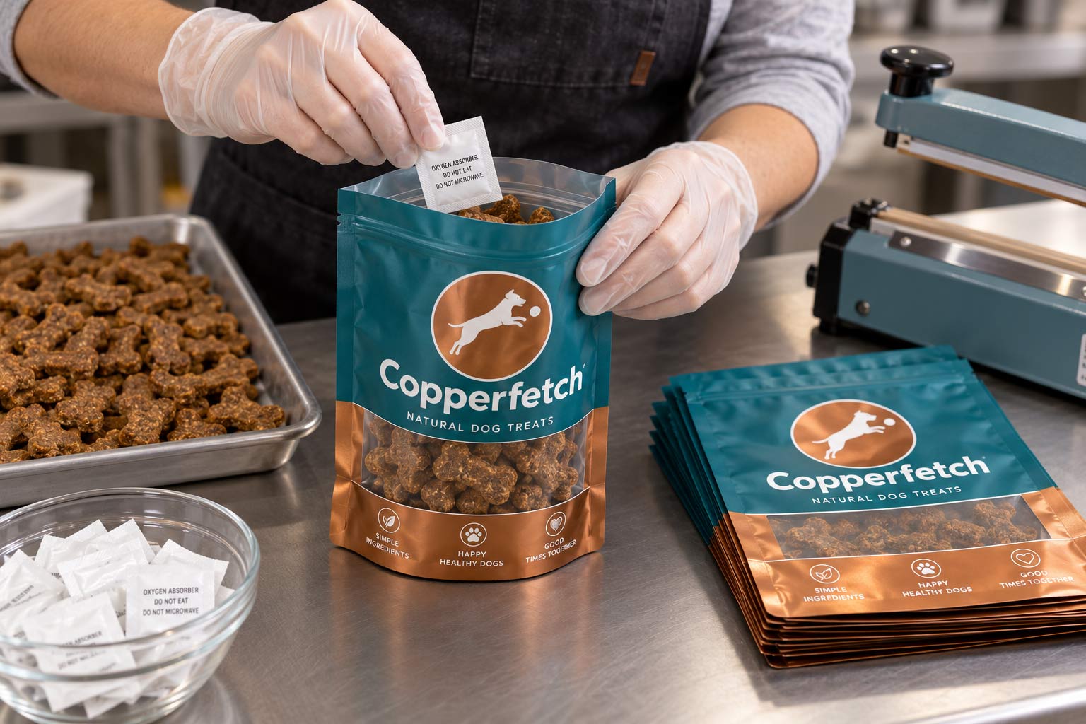 A treat packing table with jerky going into a resealable bag and a small oxygen absorber packet being added before sealing