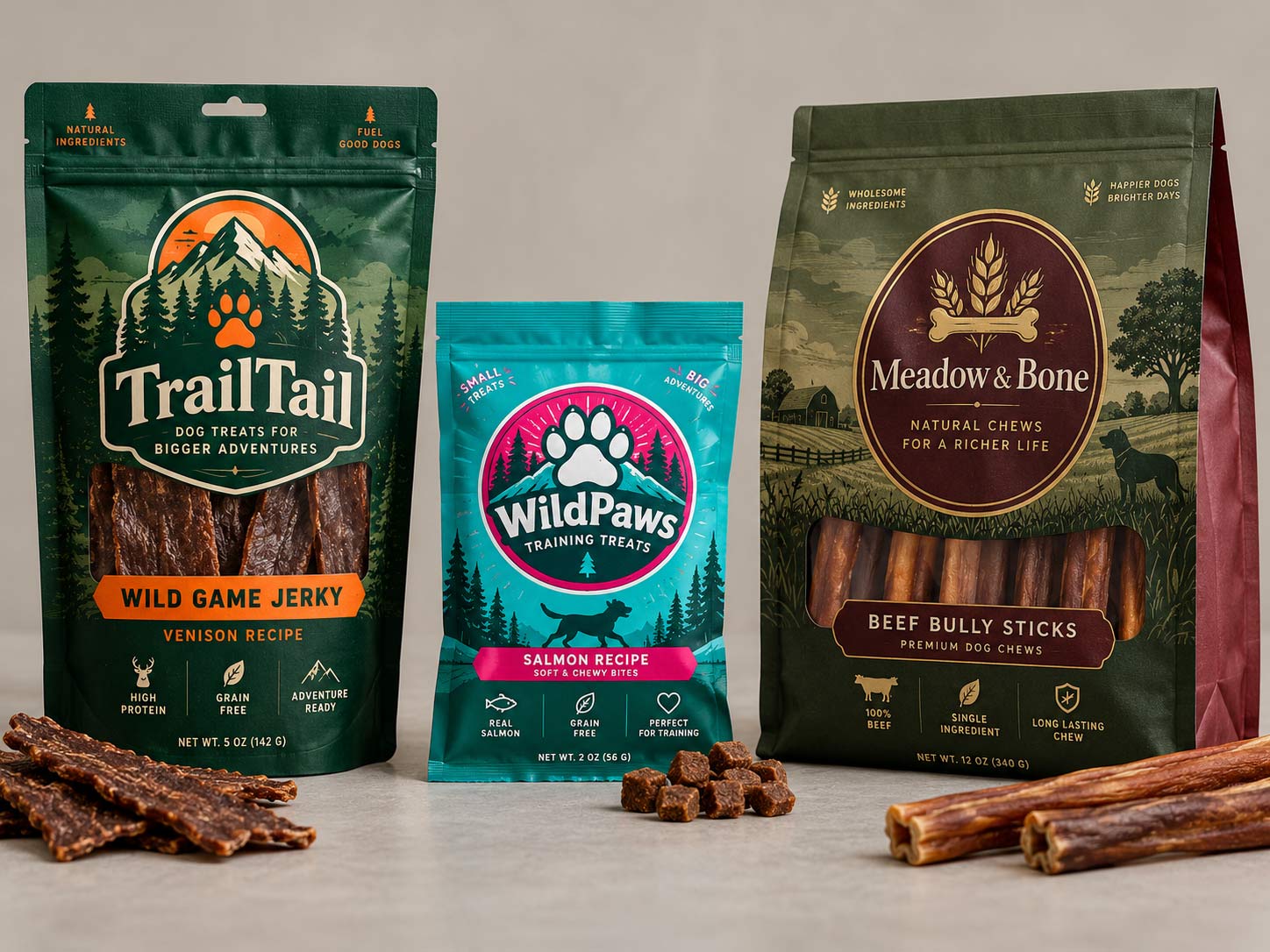 Custom pet treat packaging in pouch and bag formats