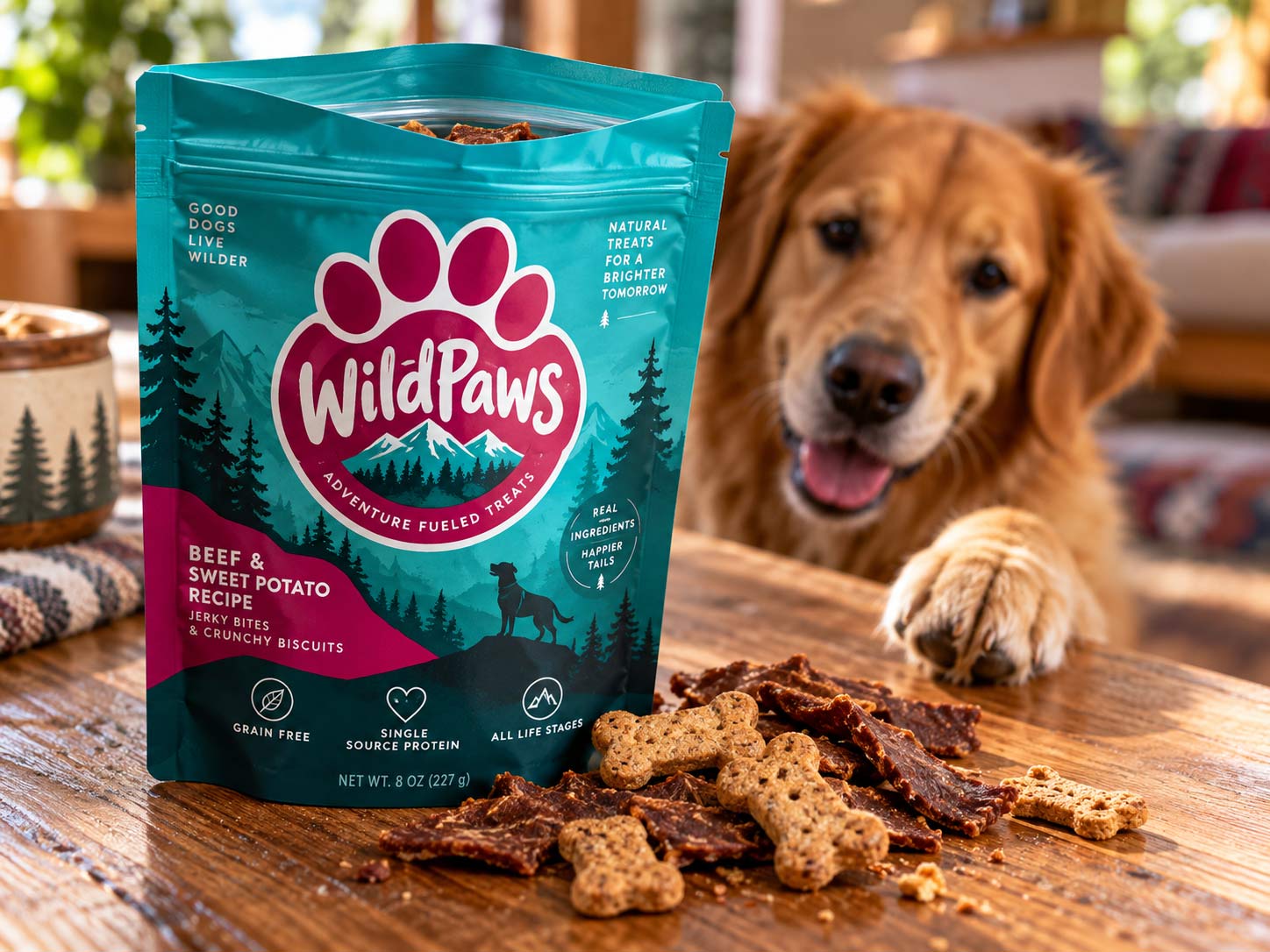 Resealable dog treat pouch opened to show the zipper track