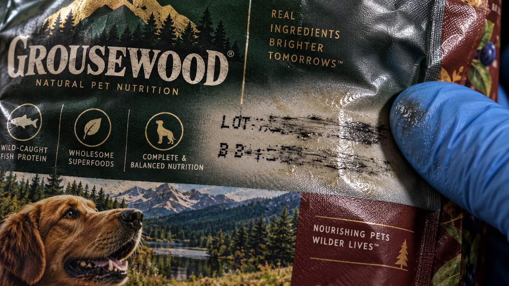 A close view of a smeared and partly missing lot code on the back panel of a kibble bag