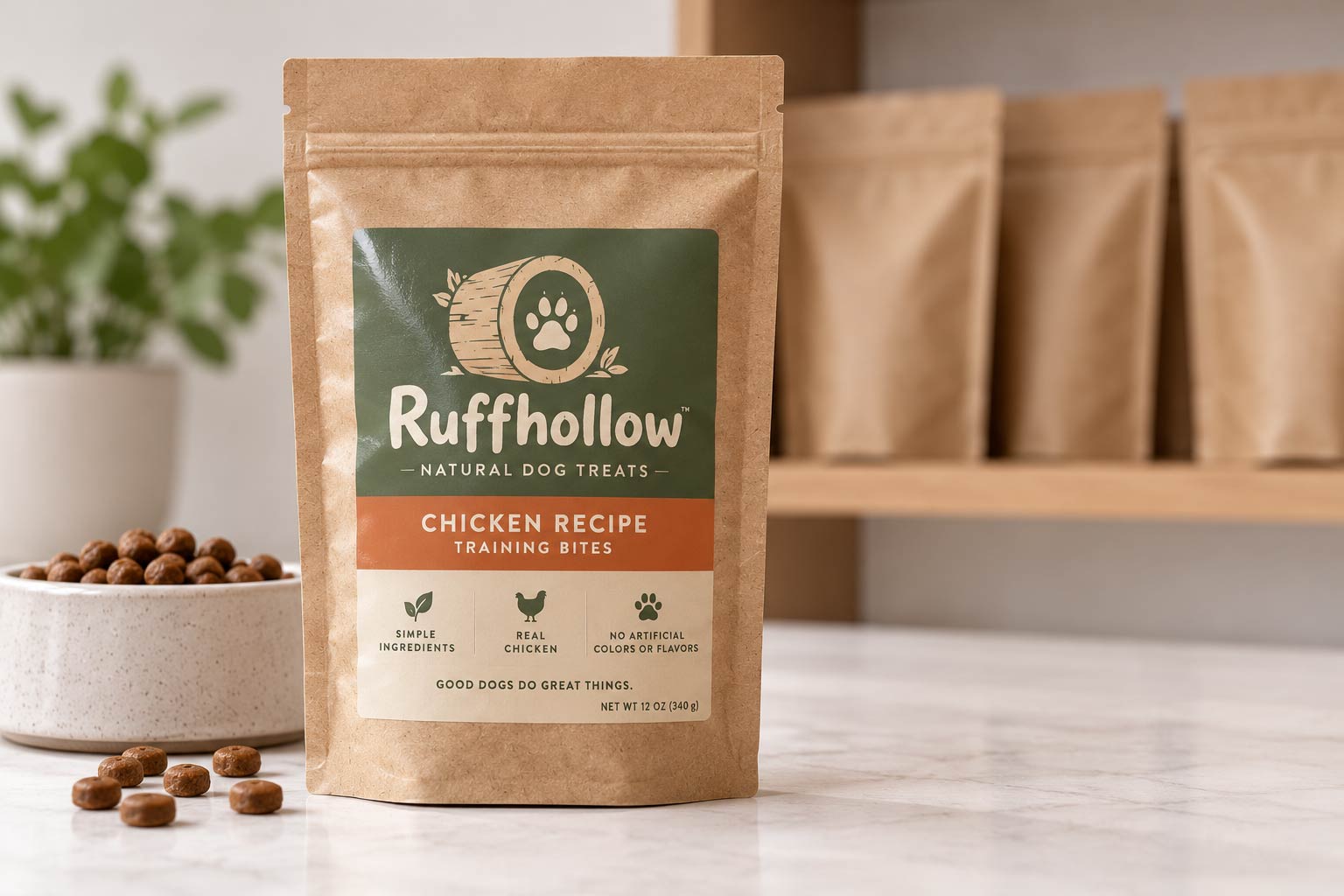 Stock kraft pet food bag finished with an applied custom label