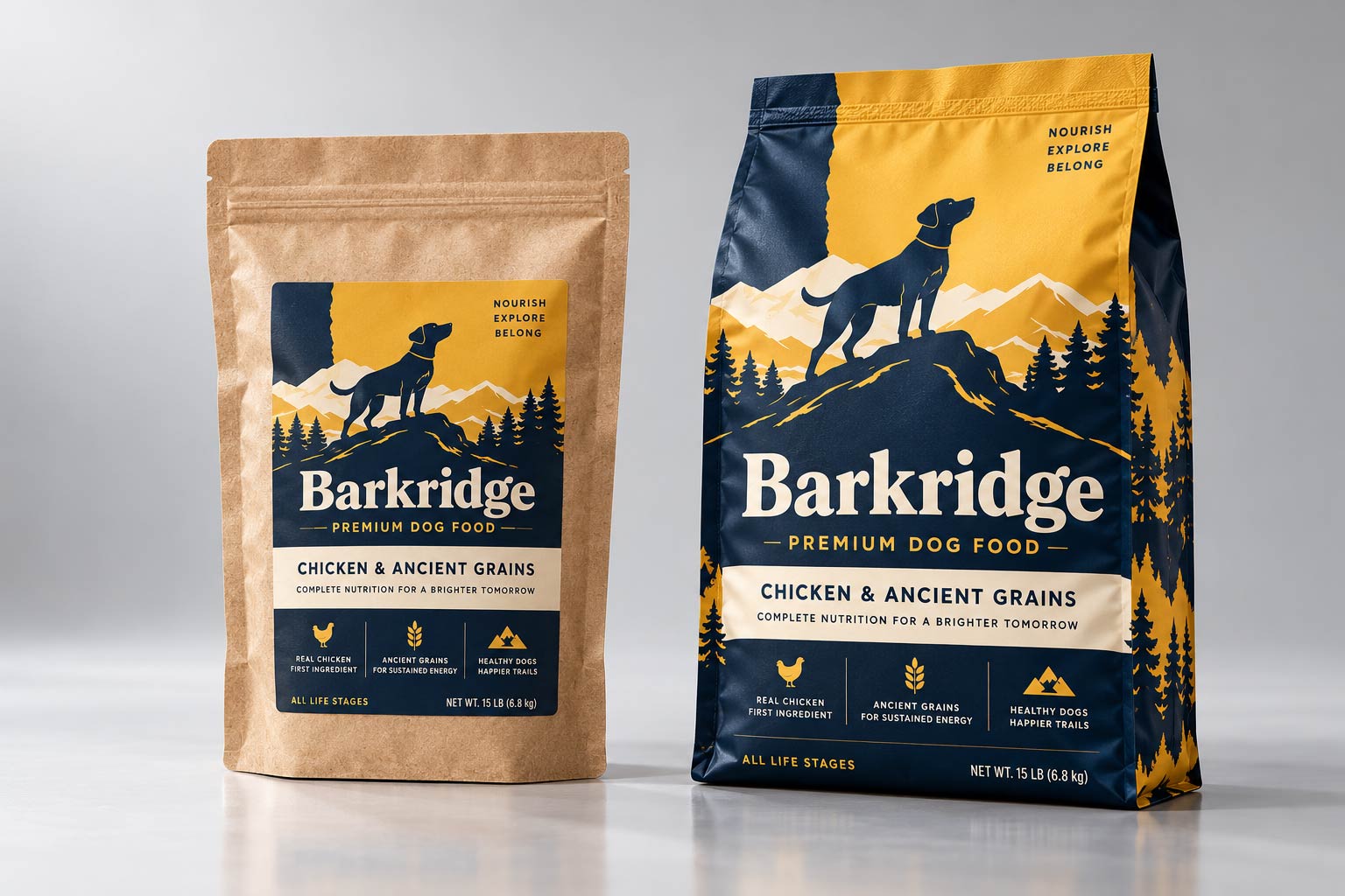 A digitally printed full-bleed pet food bag beside a labeled stock bag