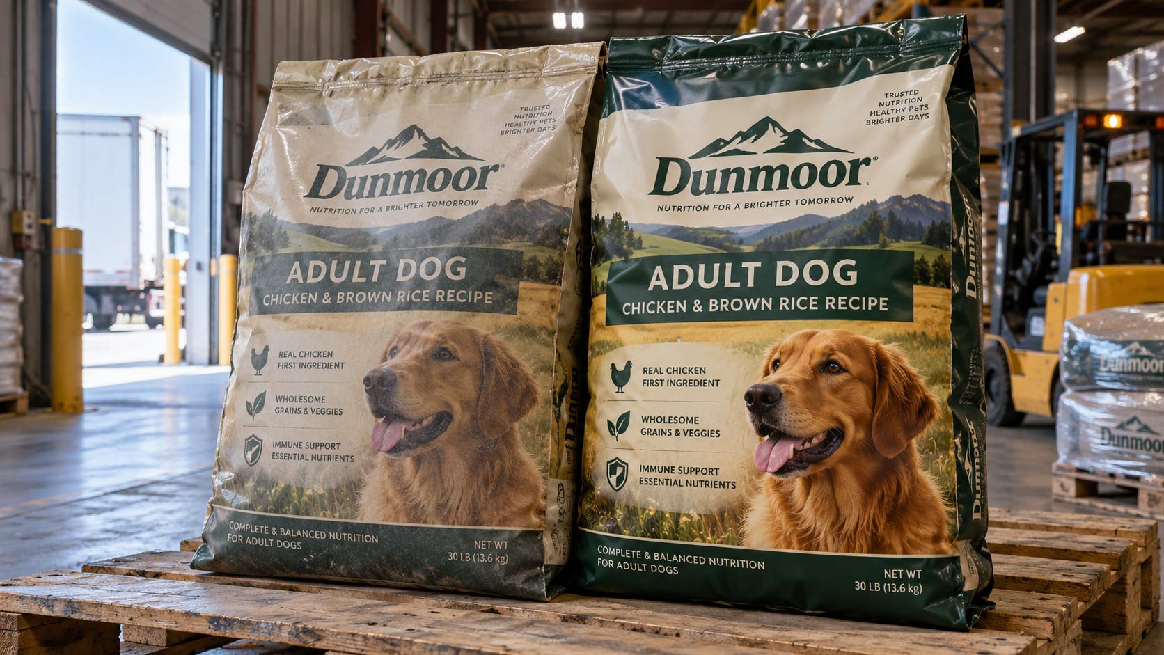 Two kibble bags from different production runs held side by side under warehouse lighting, showing a slight difference in the brand color