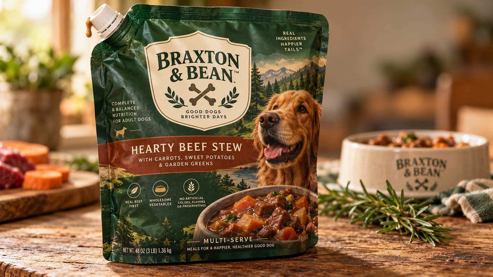 A resealable stand-up wet dog food pouch with a spouted cap, standing full on a wood table