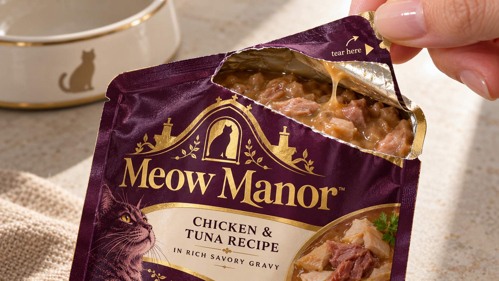 A hand tearing open a single-serve wet pet food pouch at the notch, glossy gravy and chunks showing inside